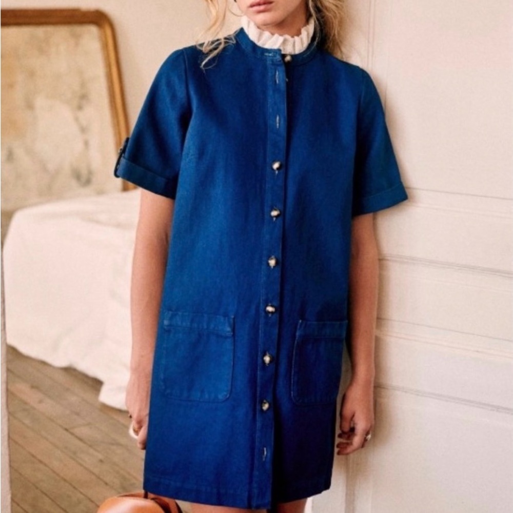Sezane Indigo Blue Short-Sleeve Mini Dress